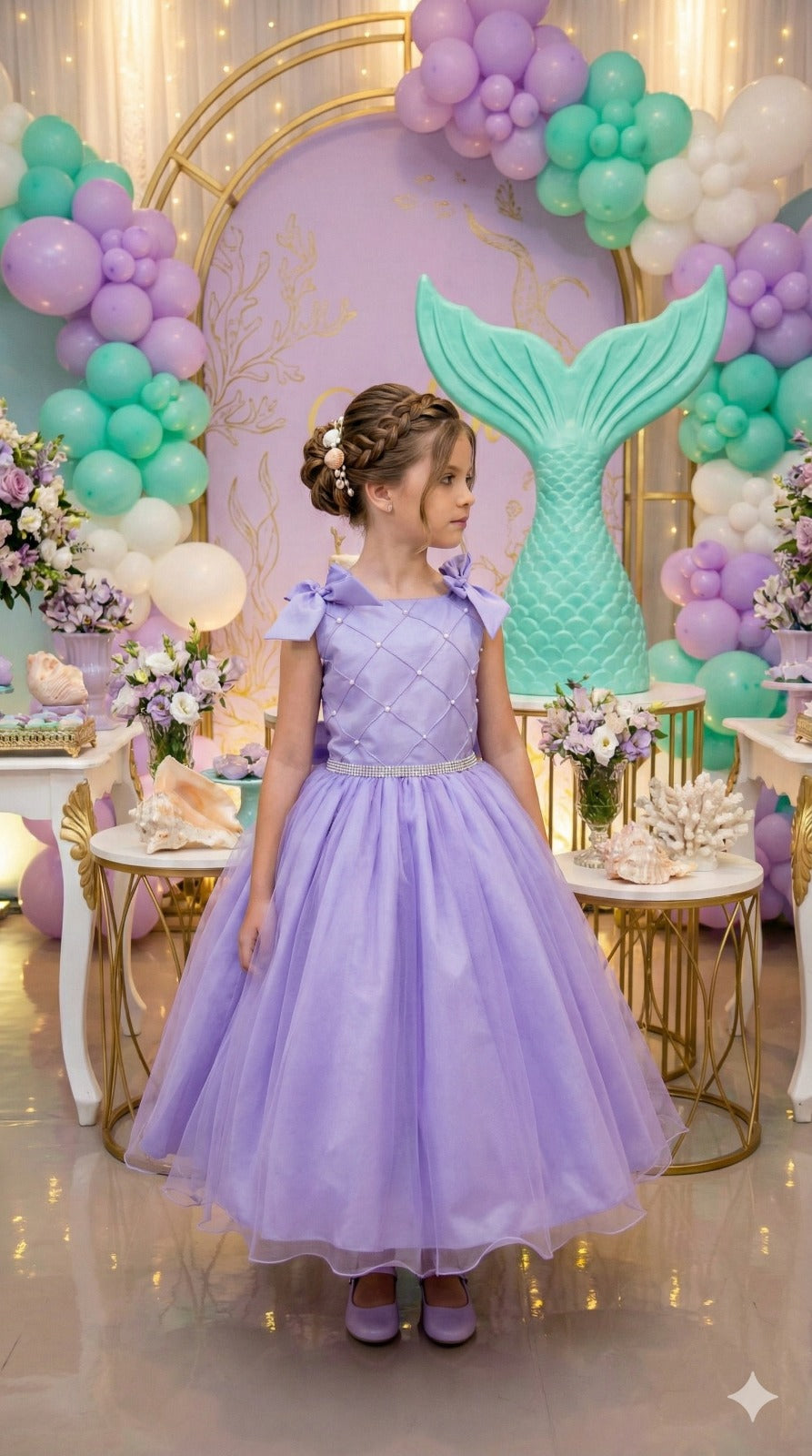 Vestido Infantil Lilás em Tule com Pérolas e Alças Delicadas