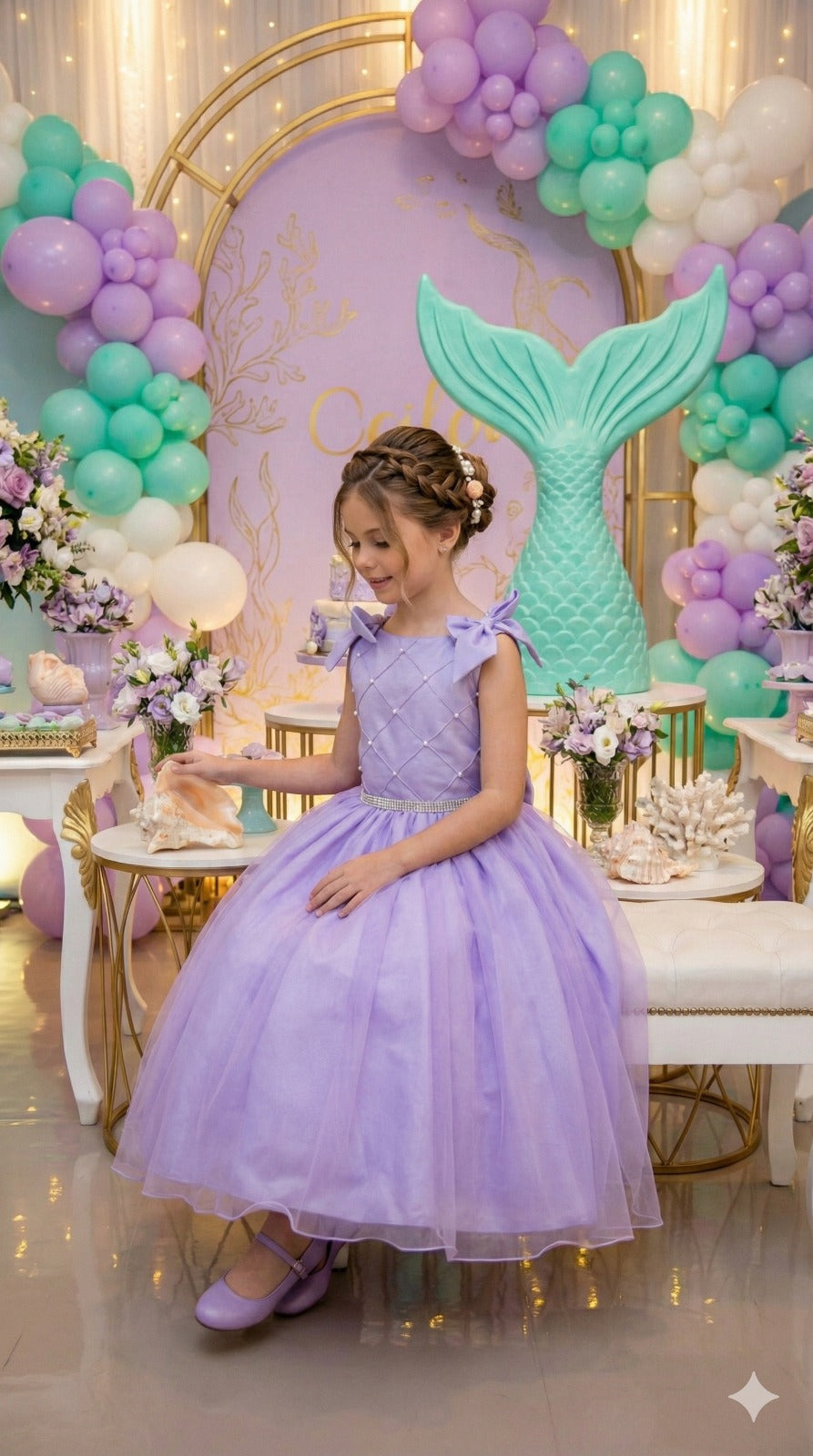 Vestido Infantil Lilás em Tule com Pérolas e Alças Delicadas