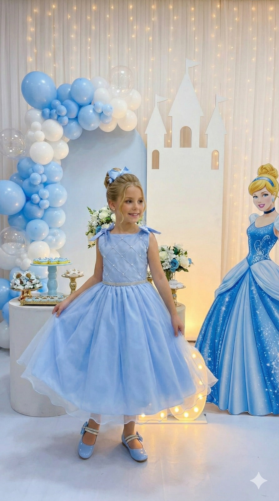 Vestido Infantil Azul Bebê em Tule com Detalhes de Pérolas
