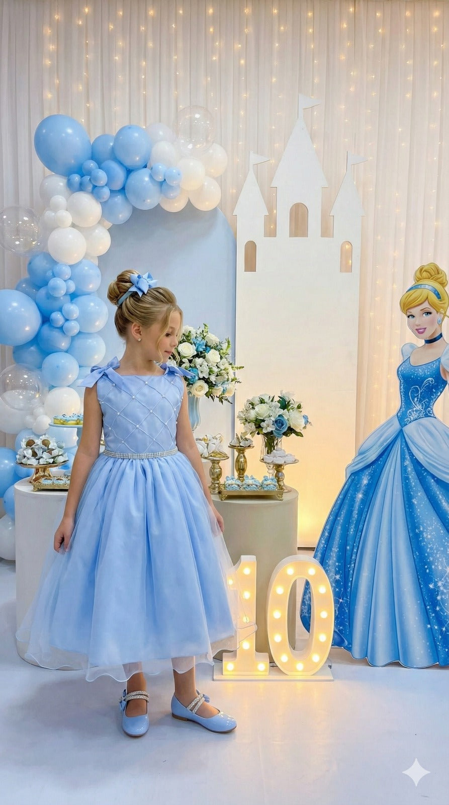 Vestido Infantil Azul Bebê em Tule com Detalhes de Pérolas