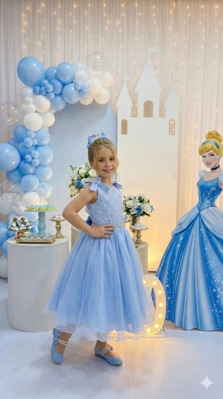 Vestido Infantil Azul Bebê em Tule com Detalhes de Pérolas