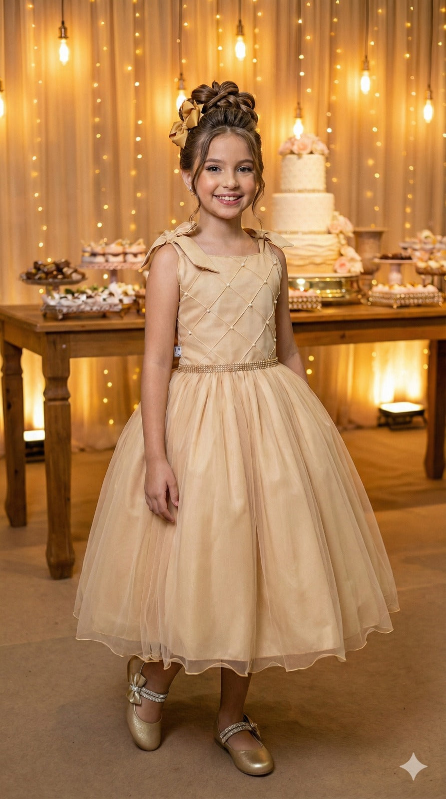 Vestido Infantil Dourado Mariely em Tule com Pérolas