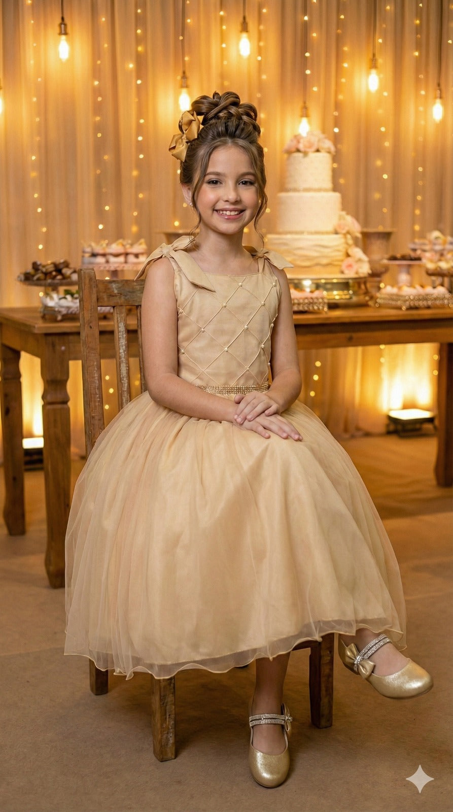 Vestido Infantil Dourado Mariely em Tule com Pérolas