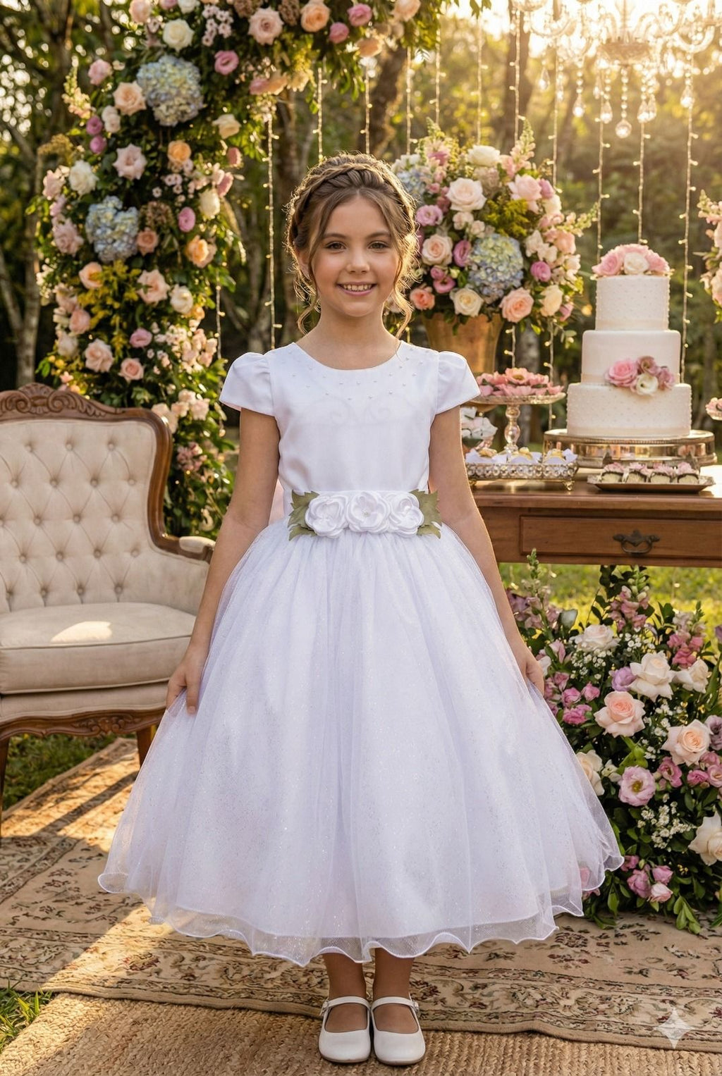 Vestido Branco Juvenil em Tecido Tule com Forro de Algodão e Poliéster