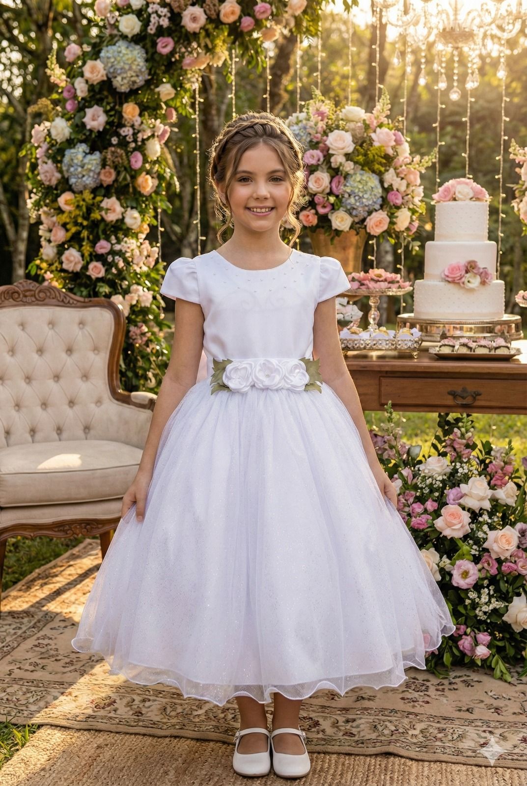 Vestido Branco Juvenil em Tecido Tule com Forro de Algodão e Poliéster