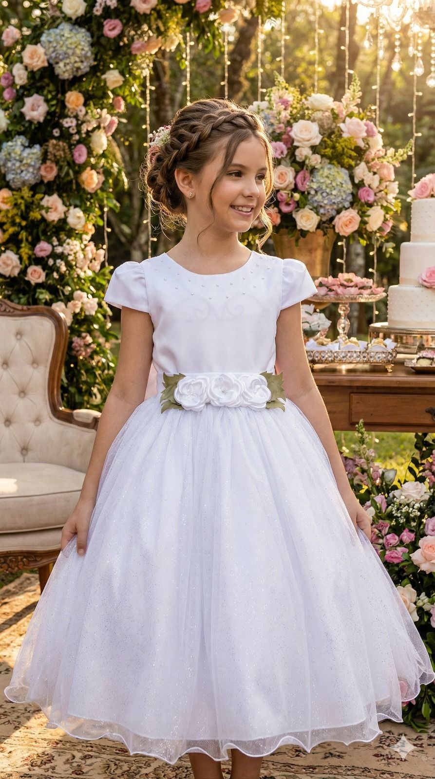 Vestido Branco Juvenil em Tecido Tule com Forro de Algodão e Poliéster