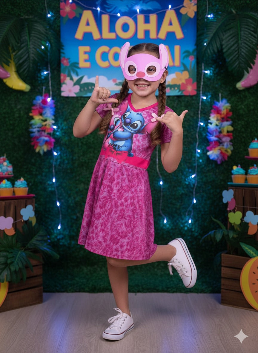 Vestido Infantil Rosa com Estampa de Stitch e Angel