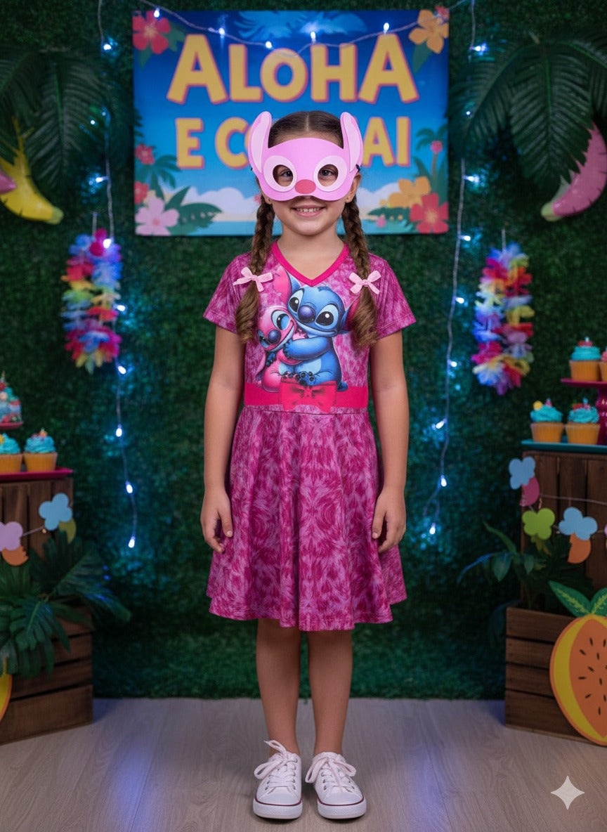 Vestido Infantil Rosa com Estampa de Stitch e Angel