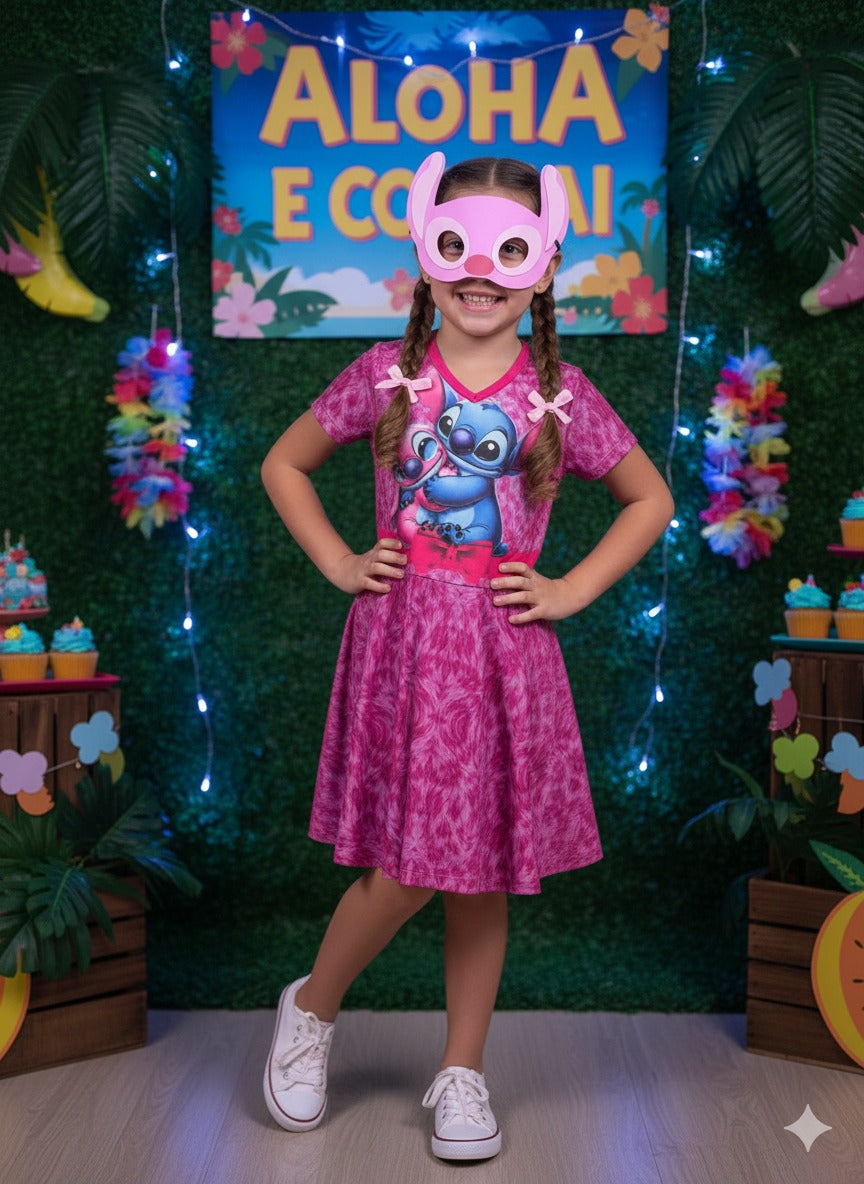 Vestido Infantil Rosa com Estampa de Stitch e Angel