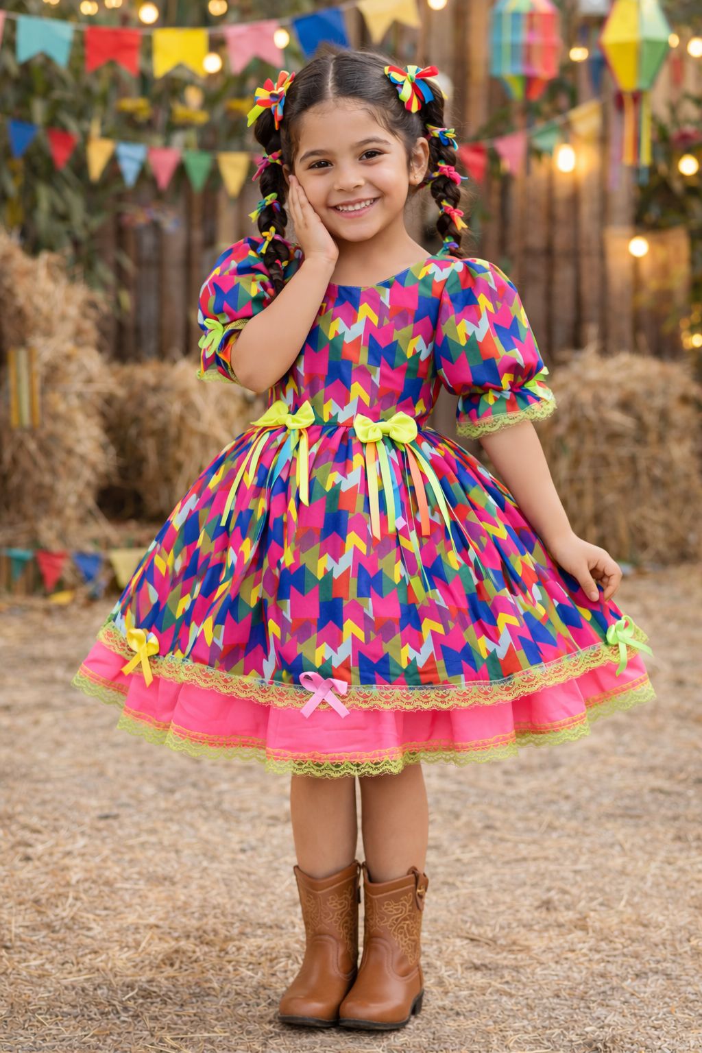 Vestido Infantil Junino Arraiá Caipira Bandeirinhas Coloridas