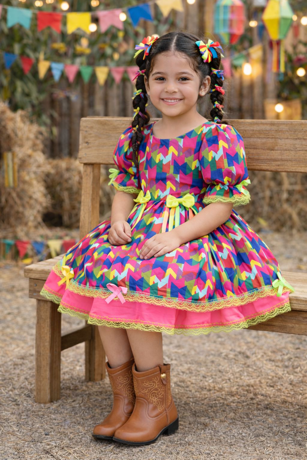 Vestido Infantil Junino Arraiá Caipira Bandeirinhas Coloridas
