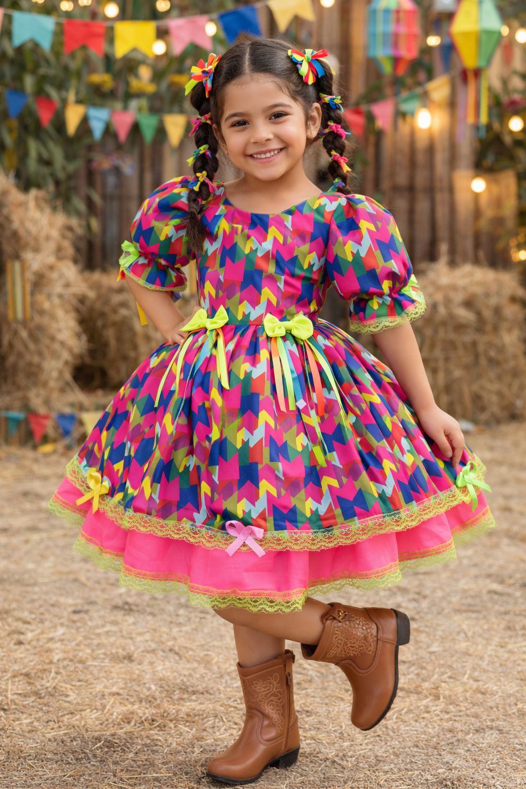 Vestido Infantil Junino Arraiá Caipira Bandeirinhas Coloridas