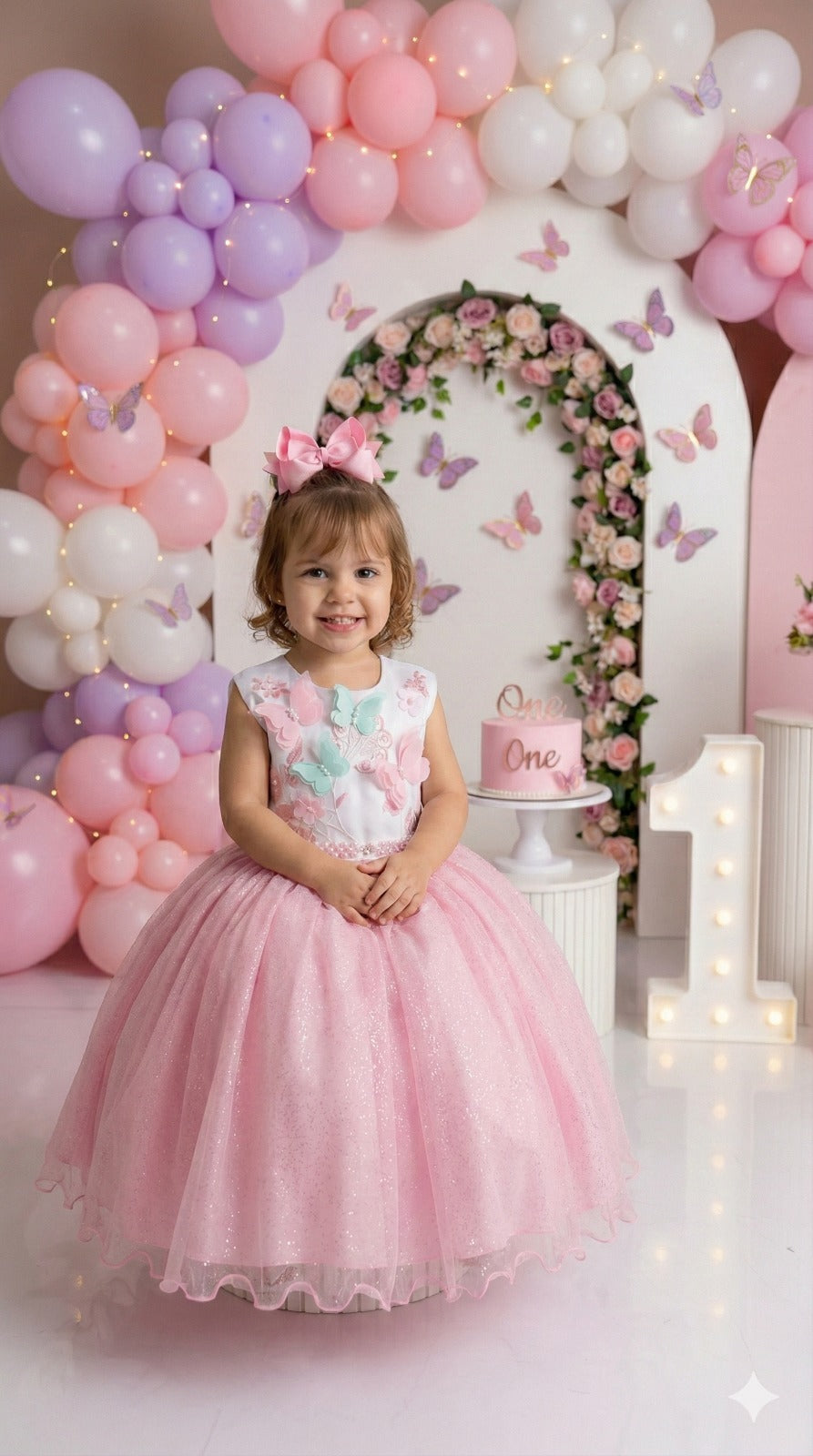 Vestido Infantil de Tecido Misto com Laço e Gola Redonda