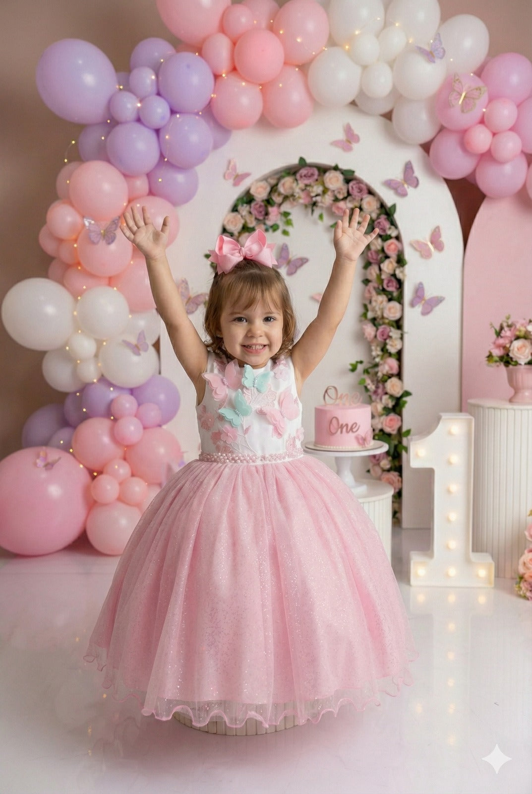 Vestido Infantil de Tecido Misto com Laço e Gola Redonda