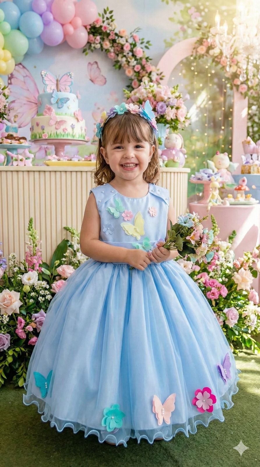 Vestido Azul Bebê Jardim Encantado para Princesa em Tecido Misto