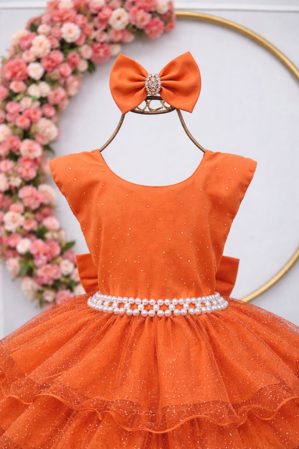 Vestido Infantil Terracota Saia C/ Babados e Glitter Festas