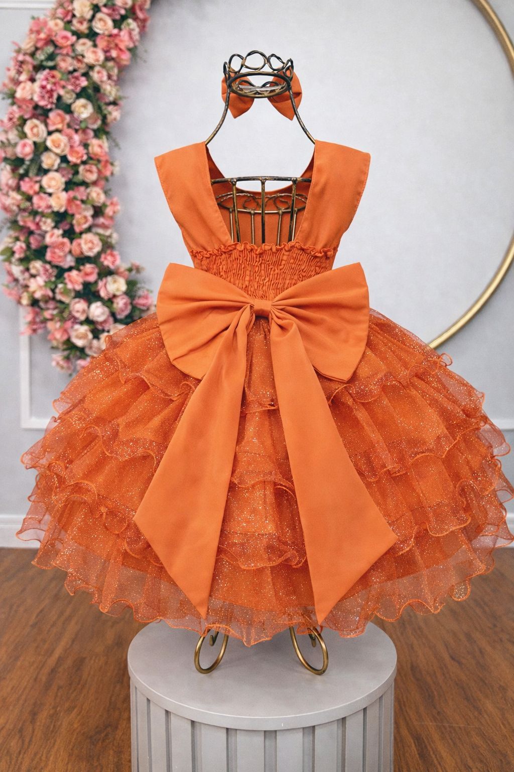 Vestido Infantil Terracota Saia C/ Babados e Glitter Festas