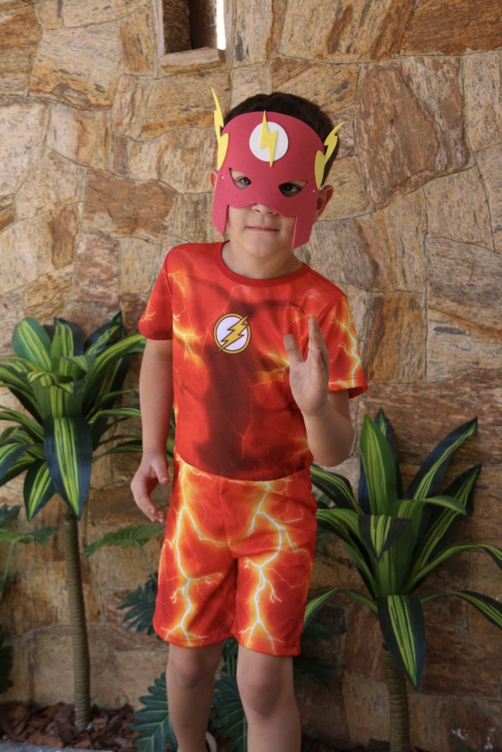 Fantasia Flash Infantil Vermelha e Amarela em Poliéster com Máscara