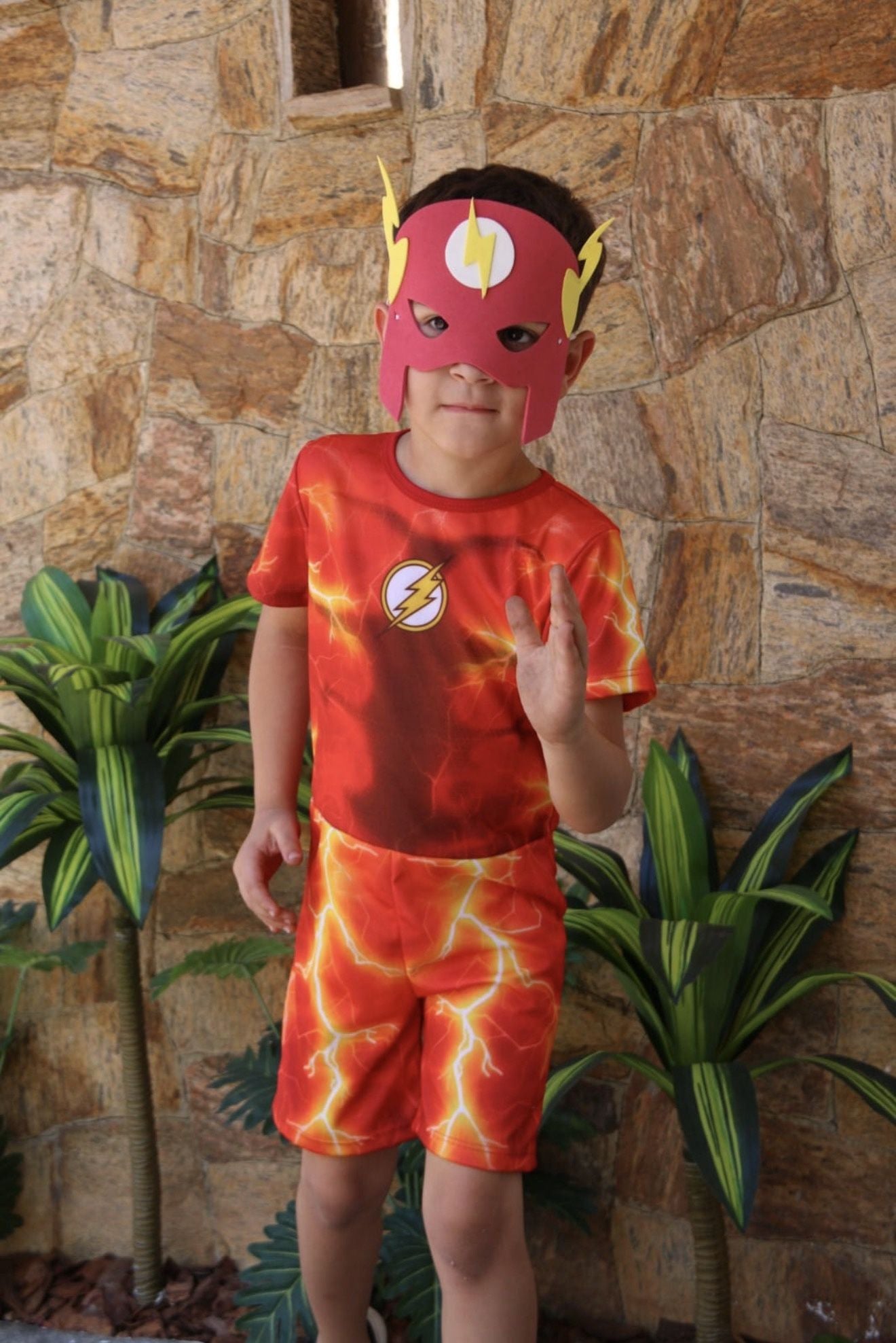 Fantasia Flash Infantil Vermelha e Amarela em Poliéster com Máscara