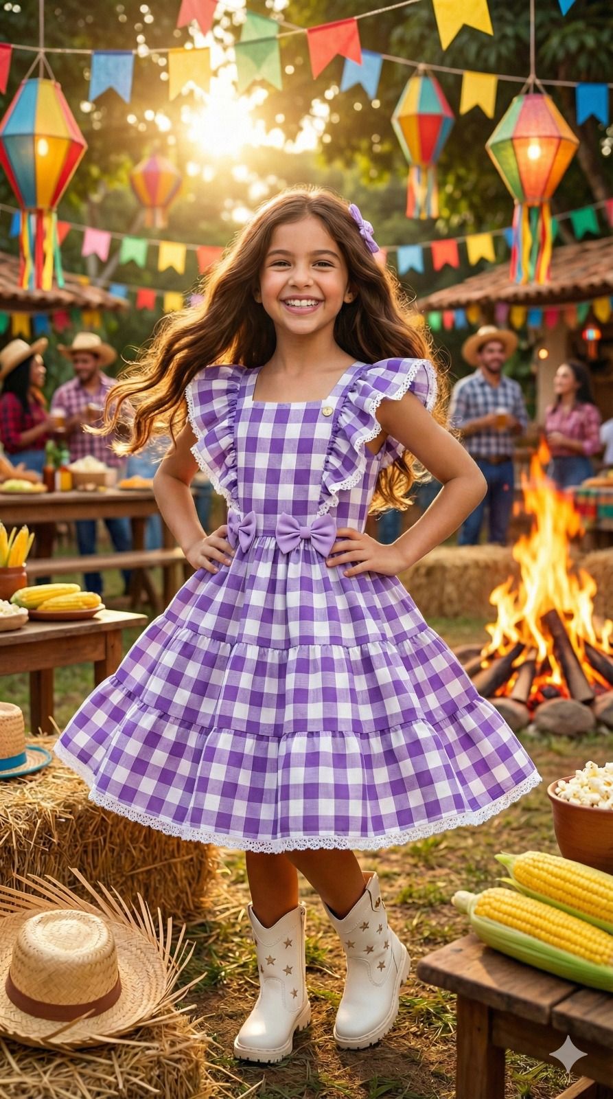 Vestido Xadrez Lilás em Tecido Misto para Festas Juninas