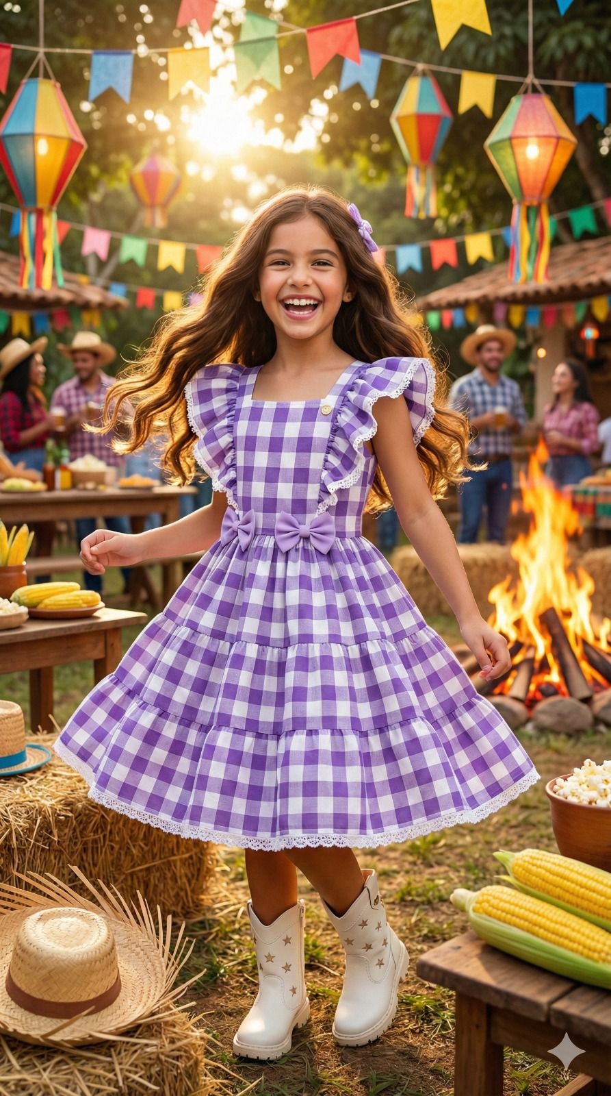 Vestido Xadrez Lilás em Tecido Misto para Festas Juninas