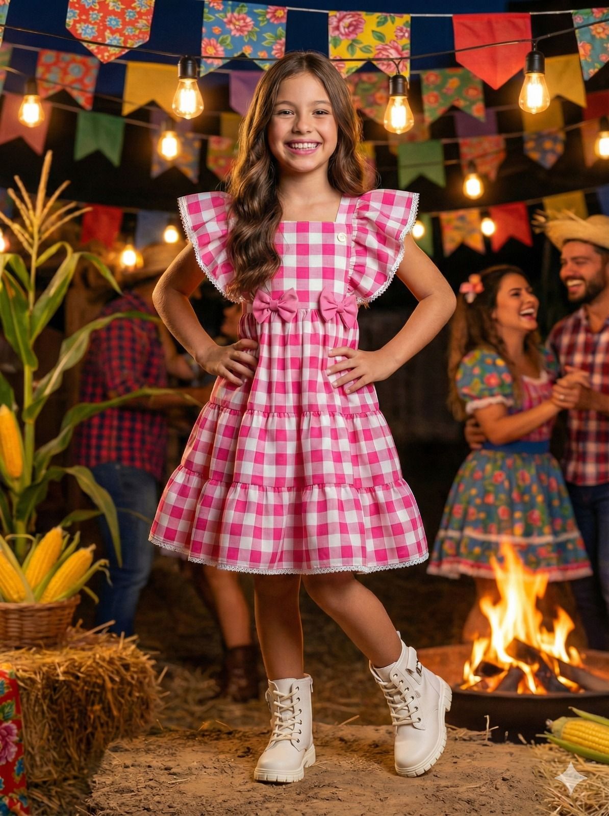 Vestido Xadrez Rosa em Tecido Misto para Crianças
