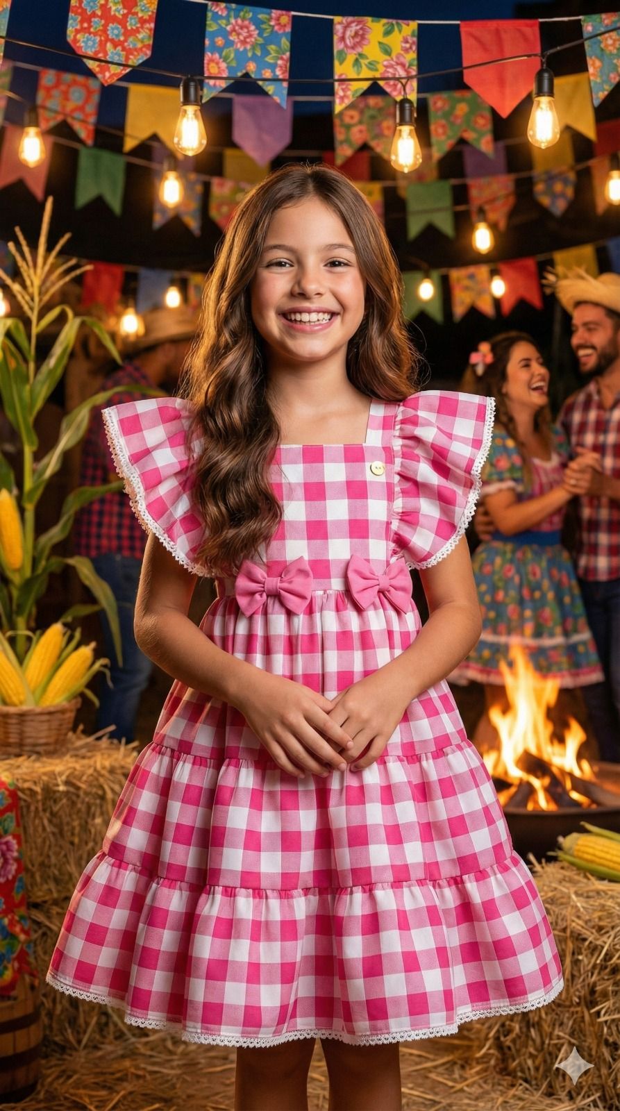 Vestido Xadrez Rosa em Tecido Misto para Crianças