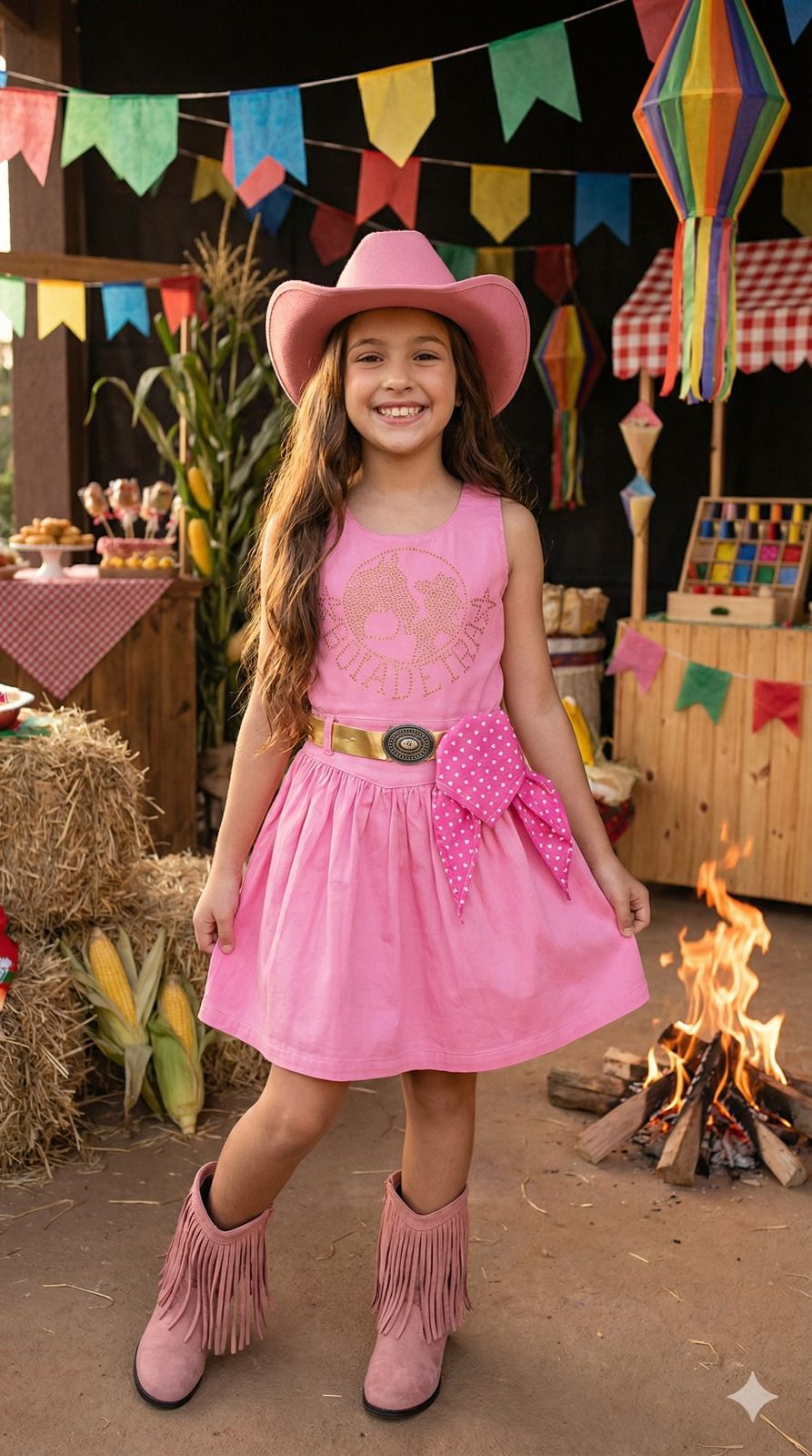 Vestido Infantil Boiadeira do Sertão Rosa em Tecido Leve