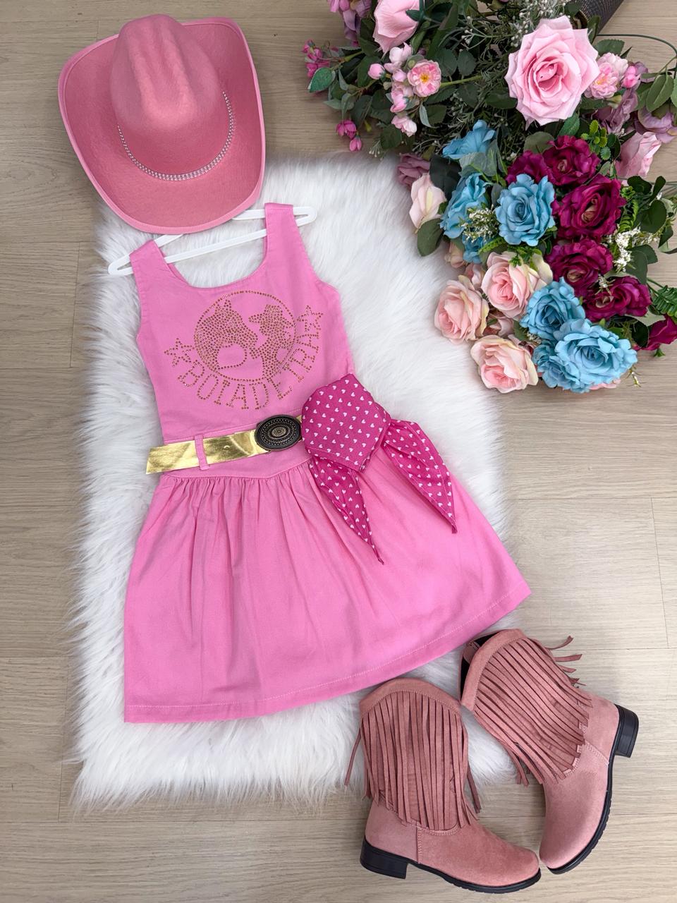 Vestido Infantil Boiadeira do Sertão Rosa em Tecido Leve