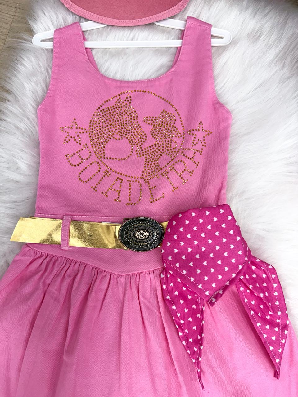 Vestido Infantil Boiadeira do Sertão Rosa em Tecido Leve