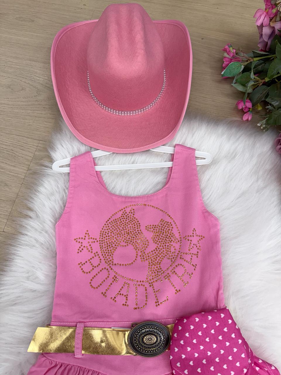 Vestido Infantil Boiadeira do Sertão Rosa em Tecido Leve