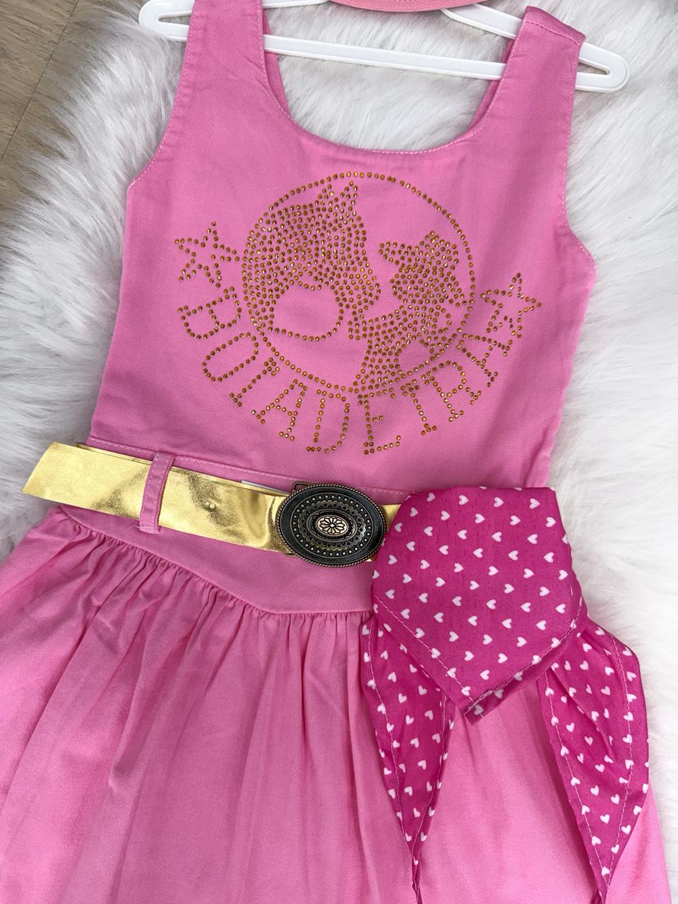 Vestido Infantil Boiadeira do Sertão Rosa em Tecido Leve