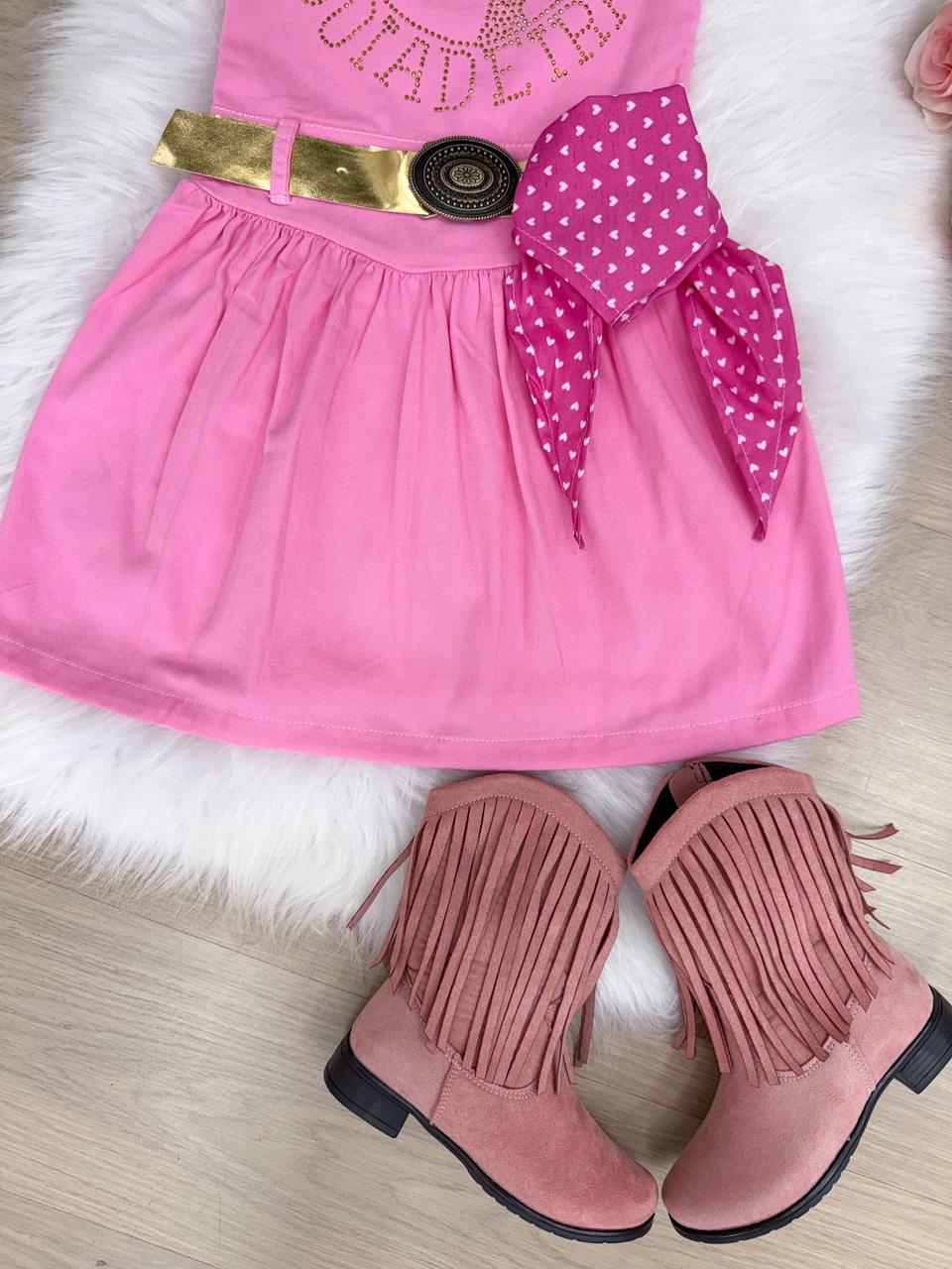 Vestido Infantil Boiadeira do Sertão Rosa em Tecido Leve