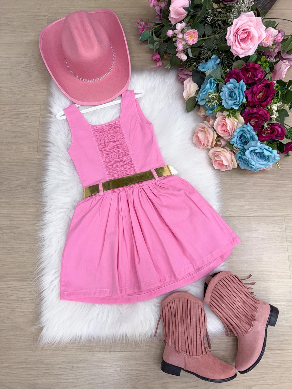 Vestido Infantil Boiadeira do Sertão Rosa em Tecido Leve
