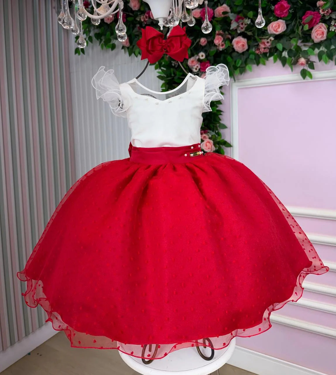 Vestido Infantil Off com Tule e Pérolas