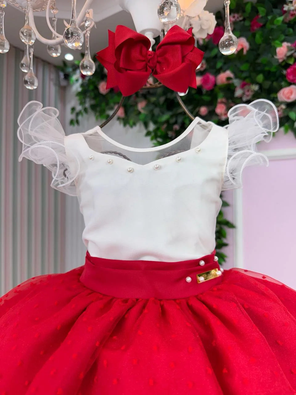 Vestido Infantil Off com Tule e Pérolas