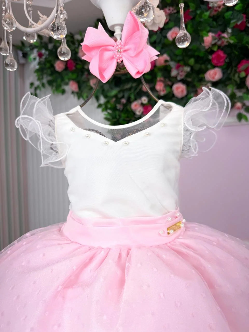 Vestido Infantil Off com Tule e Pérolas