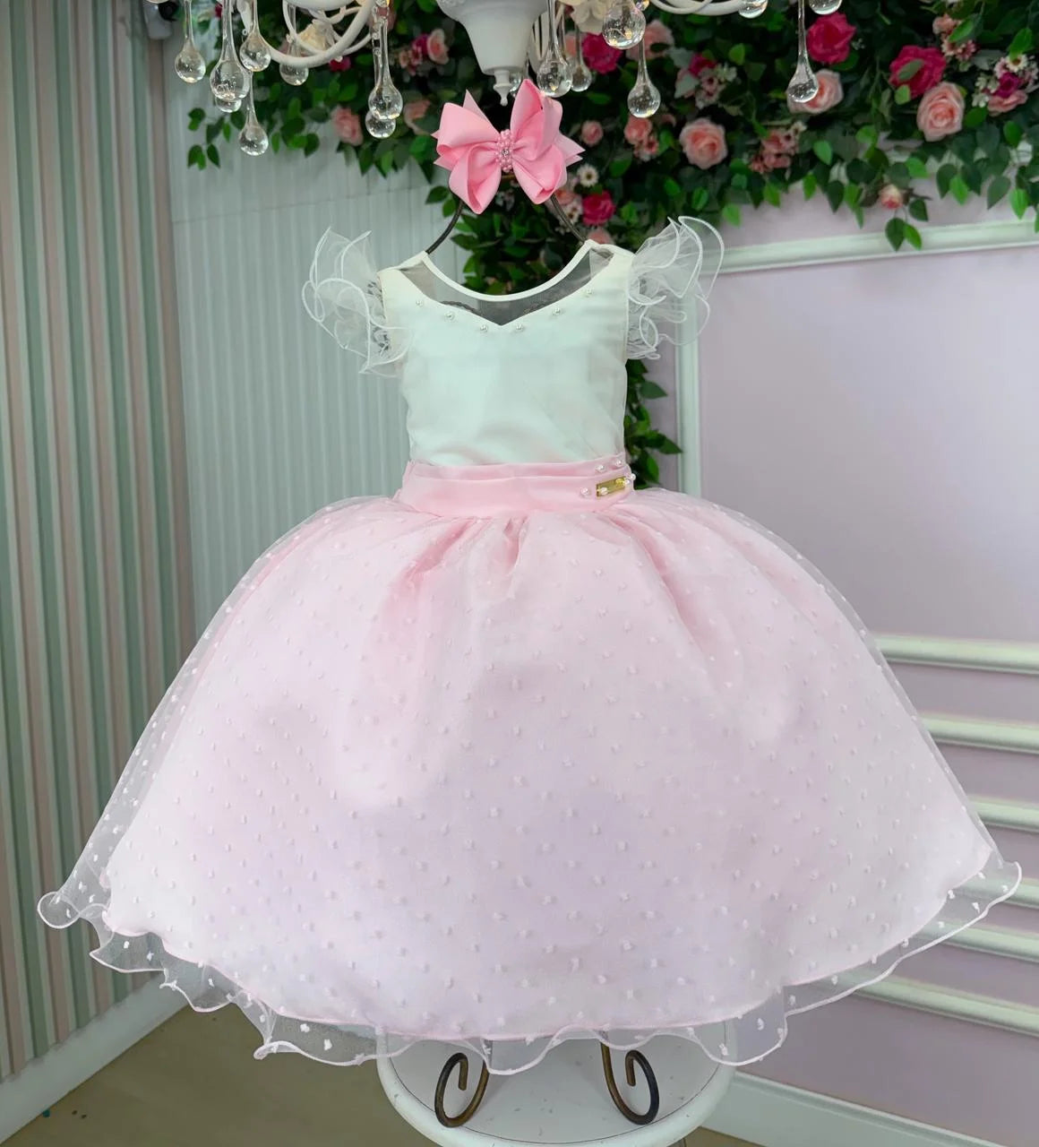 Vestido Infantil Off com Tule e Pérolas