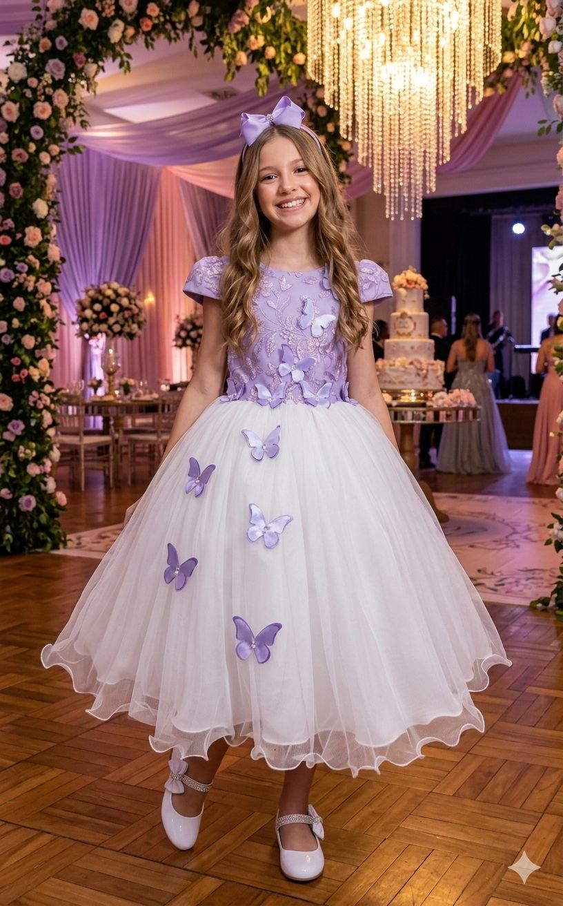 Vestido Midi Lilás e Off para Daminhas com Bordados e Tule