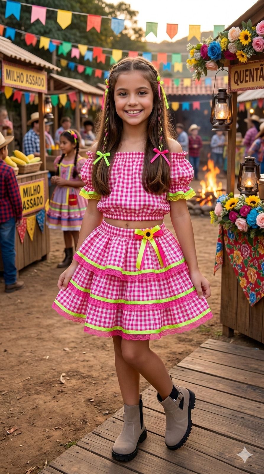 Conjunto Junino Luxo Gabriela Xadrez Pink em Tecido 100% Poliéster