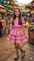 Conjunto Junino Luxo Gabriela Xadrez Pink em Tecido 100% Poliéster