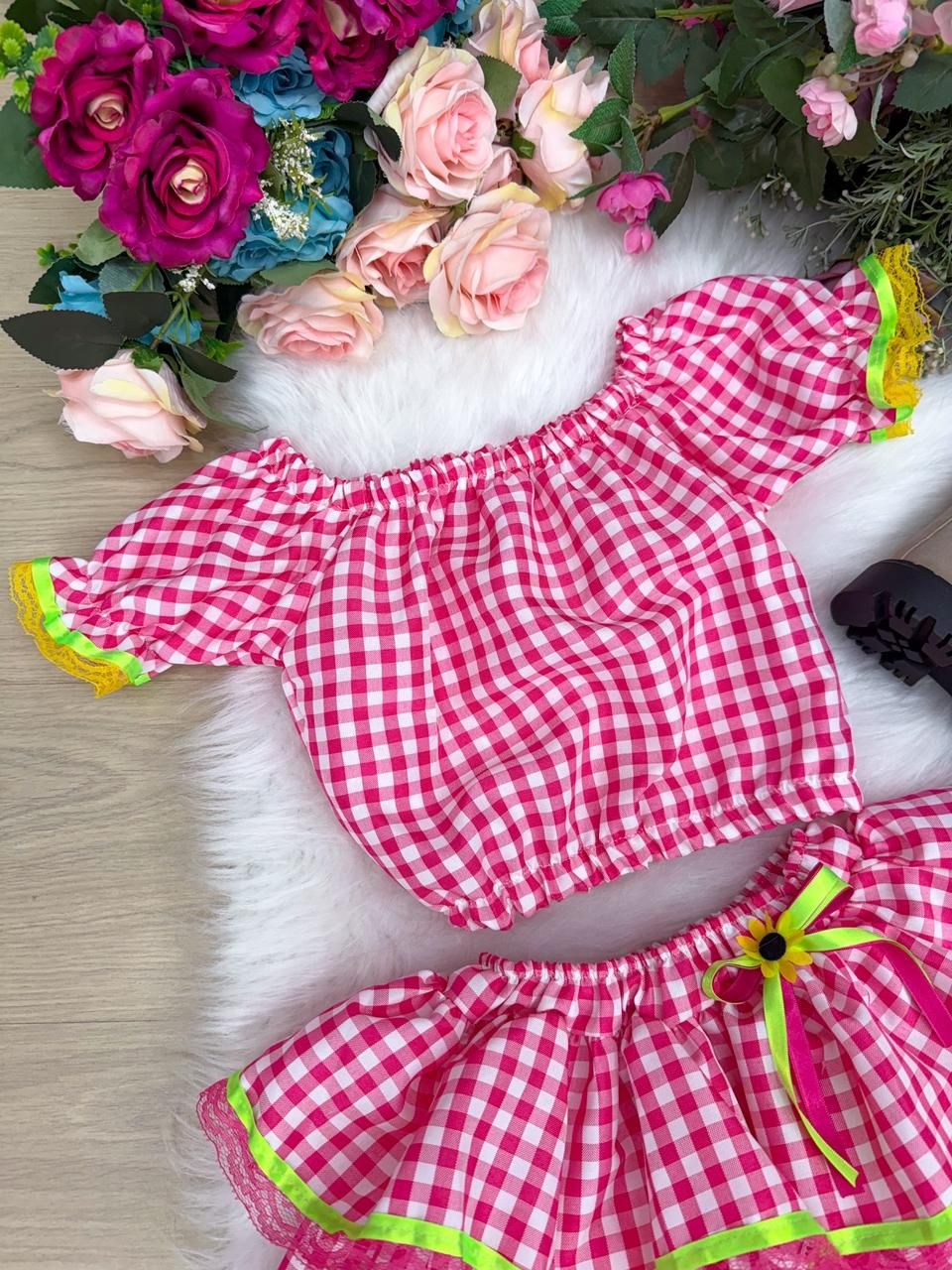 Conjunto Junino Luxo Gabriela Xadrez Pink em Tecido 100% Poliéster