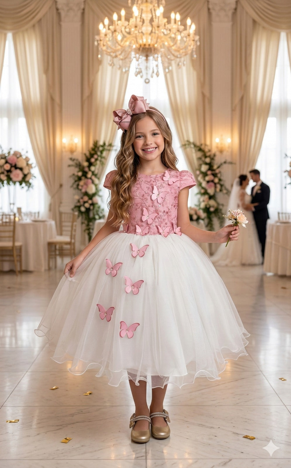 Vestido Midi Juvenil Rosa e Off com Bordados e Tule
