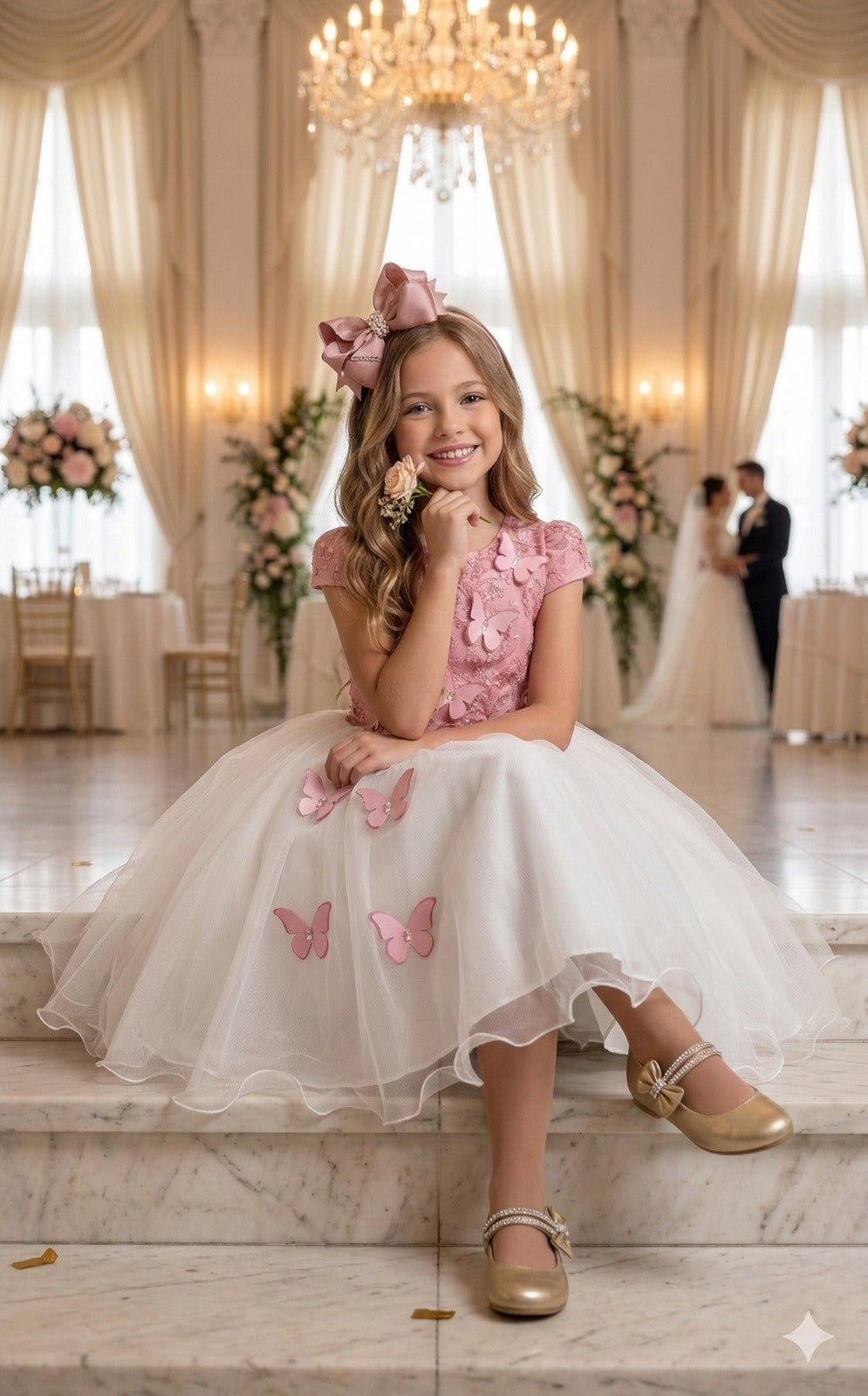 Vestido Midi Juvenil Rosa e Off com Bordados e Tule