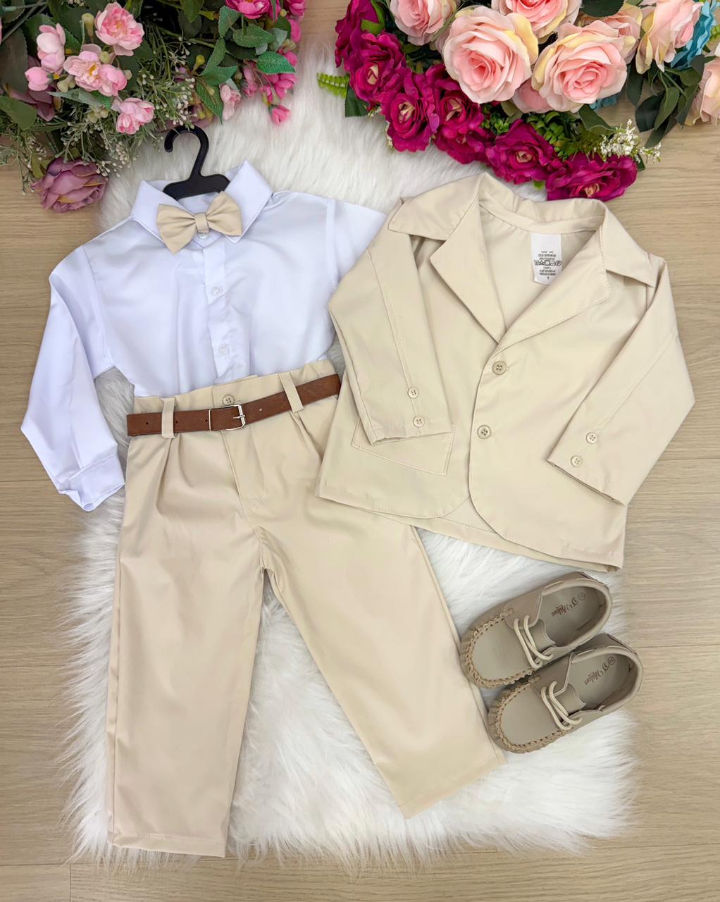 Terno Infantil Elegante Palha Com Blazer Calça E Gravata