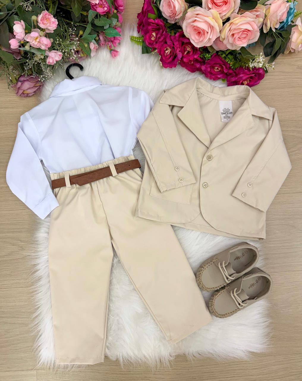 Terno Infantil Elegante Palha Com Blazer Calça E Gravata
