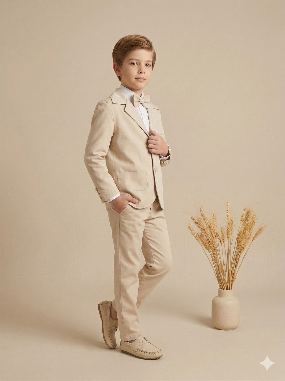 Terno Infantil Elegante Palha Com Blazer Calça E Gravata