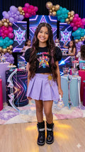 Conjunto Infantil Estiloso com Camiseta Preta e Short Saia Lilás