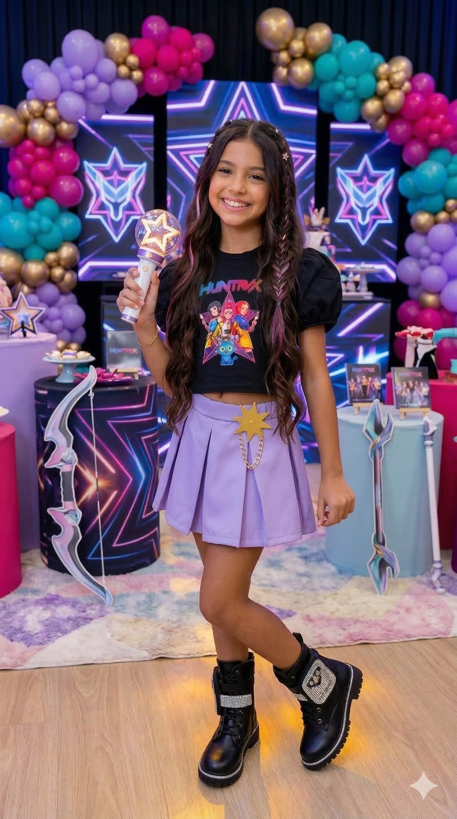 Conjunto Infantil Estiloso com Camiseta Preta e Short Saia Lilás