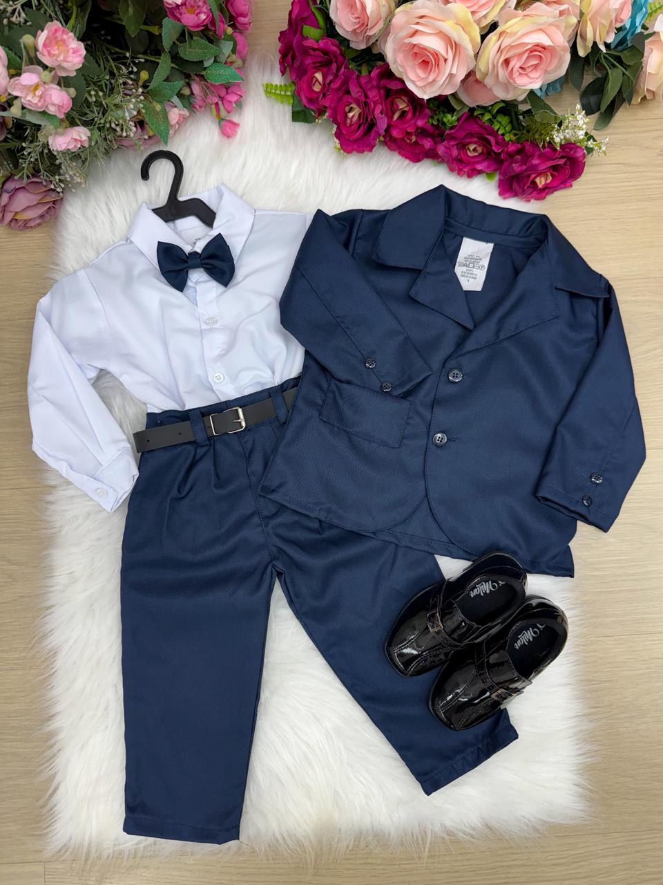 Conjunto Terno Infantil Azul Marinho em Twill com Gravata Borboleta